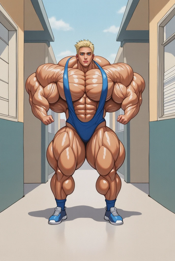 full body view, one over-muscular bodybuilded white european guy with blonde clean shaved undercut hair with platinum streaks , wearing new Nike Alphafly 3 electric running shoes and white pro socks, arrogantly flexing his over-inflated muscles, showing off triple-biceps and the most over-bloated round pecs ever in the world, front of opened garage with weight lifting equipmen