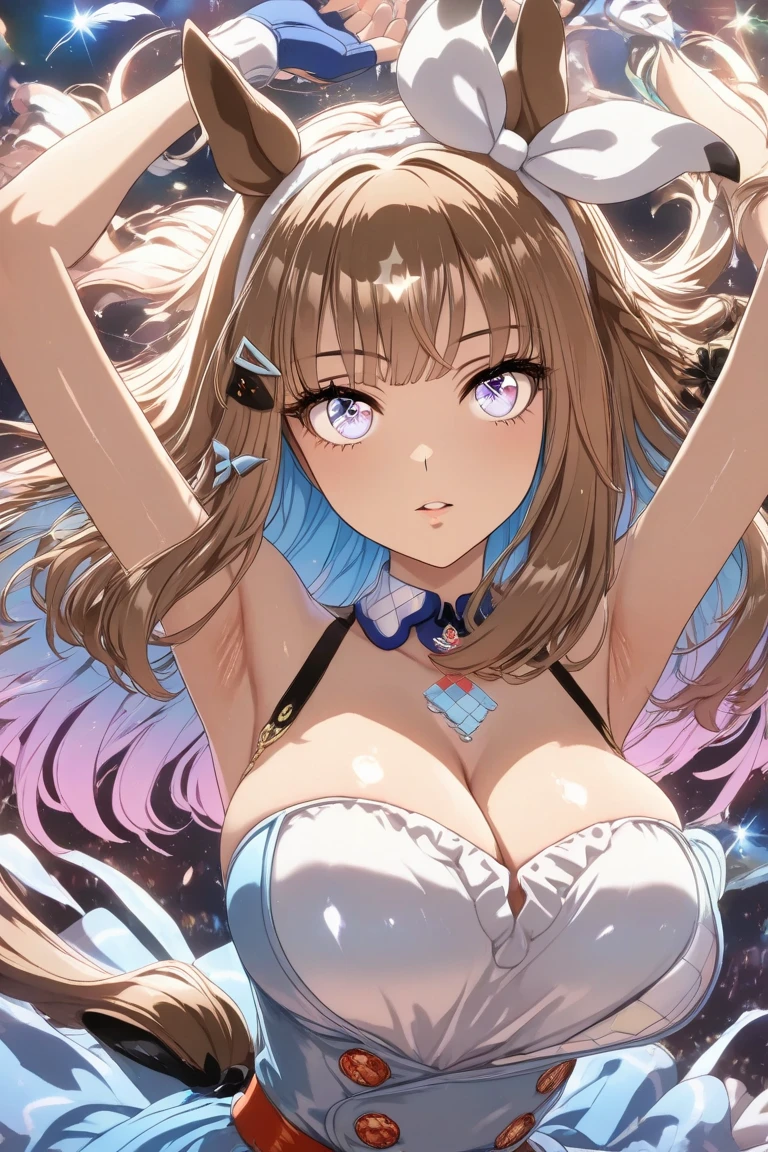 highest quality、All limbs、full finger、Slender beauty、straight hair、brown hair、Dereste、green, white and purple idol costume、white panties、high socks、beautiful big breasts、live stage、sing、dancing、big smile、sexually seducing me