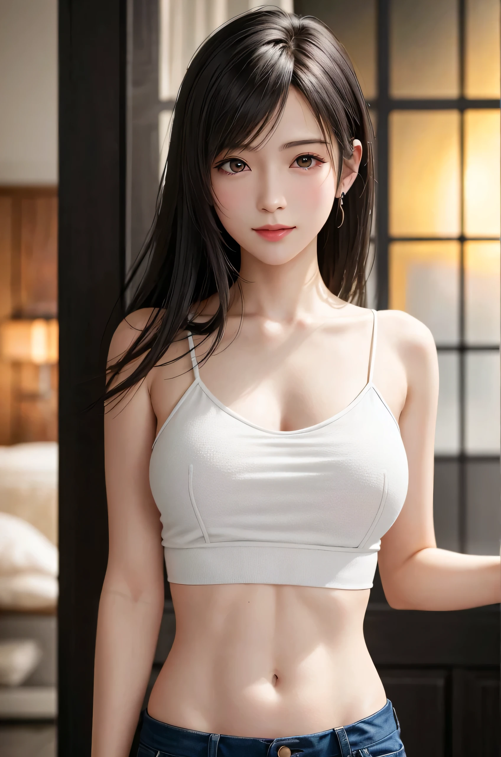 (top quality, masutepiece: 1.1), (Realistic: 1.3), BREAK (((FF7,Tifa_lockhart))),(solo,Tifa:1.2),(japanese ,cute,purple sportswear:1.3, low rise ,short pants :1.3,wet clothes,sweat) ,(gym,indoor),(cool pose:1.1),Ultra-detailed face, Detailed eyes,Red eyes, BREAK (((FF7,Tifa_lockhart))),(light brown hair, Large breasts: 1.2), BREAK (Small and beautiful hard nipple) About 18 years old,kawaii,smile,face focus:1.5,blush,sensual,looking at viewer