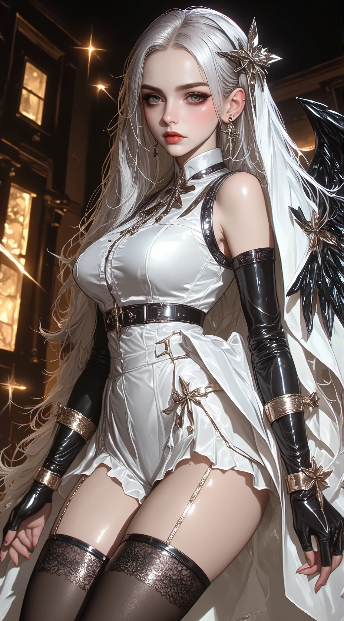masterpiece, high quality, 4K, HDR,, A half-naked adult woman, with visible nipples and areolas, displaying an unsatisfied expression with an open mouth, sharp jagged fangs, narrowed eyes, and red irises. She has pale white skin, silver hair with a trimmed fringe, and an intake hairstyle. Above her head is a black halo, and large black wings protrude from her back. She also has sharp, pointed ears and a pair of red-black horns on her head. BREAK Half-naked adult woman, visible nipples and areolas BREAK Unsatisfied expression, open mouth, sharp jagged fangs BREAK Narrowed eyes, red irises, pale white skin, silver hair with trimmed fringe, intake hairstyle BREAK Black halo above head, large black wings on back, sharp pointed ears, red-black horns
