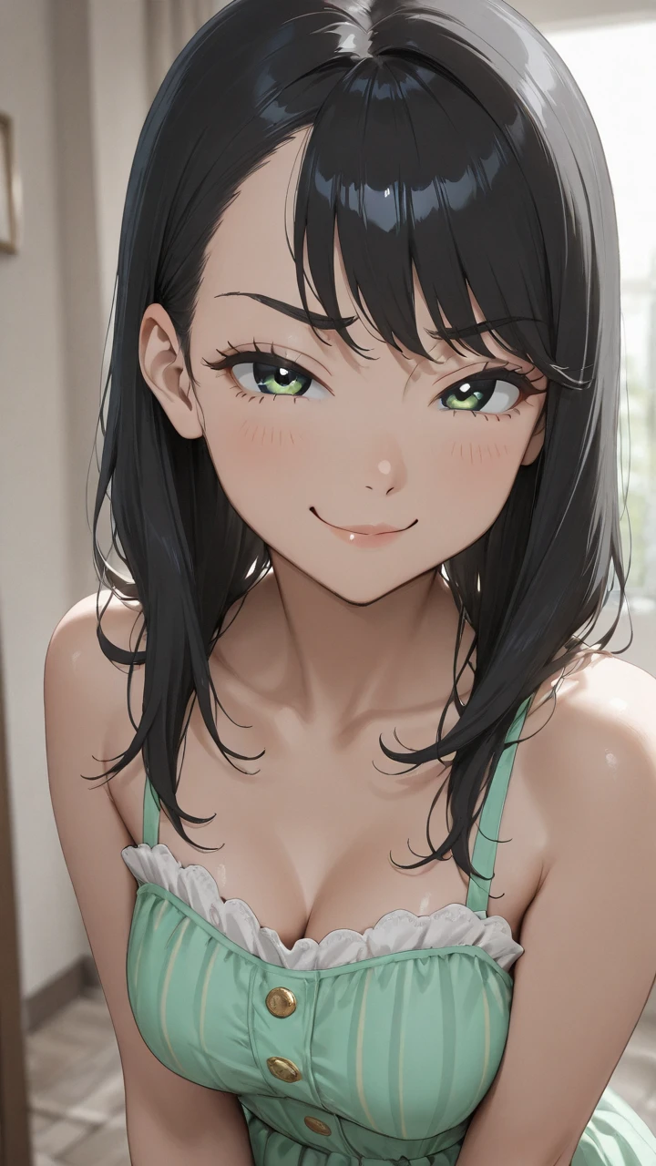 ((masterpiece)), ((Highest quality)), ((High resolution)), ((In detail)),((Highest quality, 8k, masterpiece)) Please draw a beautiful black-haired woman。Green Eyes、Short black hair with a center part、She is wearing a long green dress that barely reveals anything.。She is smiling kindly, facing forward and speaking into a tabletop microphone.。