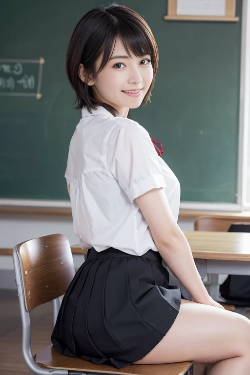 (((NSFW:1.3))),(highest quality,masterpiece:1.3,ultra high resolution),(Super detailed,caustics,8k),(realistic:1.4,RAW shooting),front shot,thigh focus,close up of thighs,low position,Low - Angle,cowboy shot,classroom,Girl sitting at desk,mechanical,Chair,18-year-old,cute,black short hair,Looking at camera with a smile,Navy Blazer Uniform,ribbon,(((white blouse))),(((Lower body naked))),Natural light,(((crowd)))