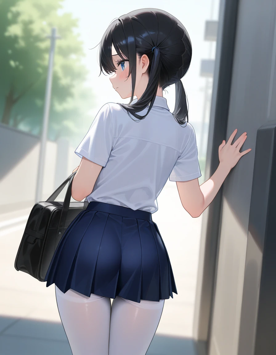 Korean girl wearing glasses, school uniform, short pleated white skirt, short skirt, black hair, blue eyes, small waist, visible thighs, in public restroom, barefoot, sweating a lot, mouth wide open, shy, squinting, both eyebrows raised, thin eyebrows, not too dark, high nose, medium chest, wet legs, sticking out tongue, not naked, hair tied up, bending down to collect hair tie, camera angle from behind showing the curve of the skirt.