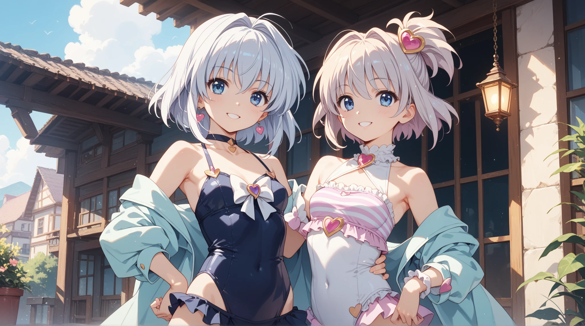 (masterpiece), (best quality), perfect face, beautiful girl, white background background, delicate and beautiful face and eyes, dark intense shadow, 
1 girl, vtuber style, cool girl, hololive, amane kanata, streaked hair, bikini, wet body, small chest, cropped shoulders, clavicle, wink, smile, bare feet, chest visible through clothes, (full body), looking at viewer, standing, 