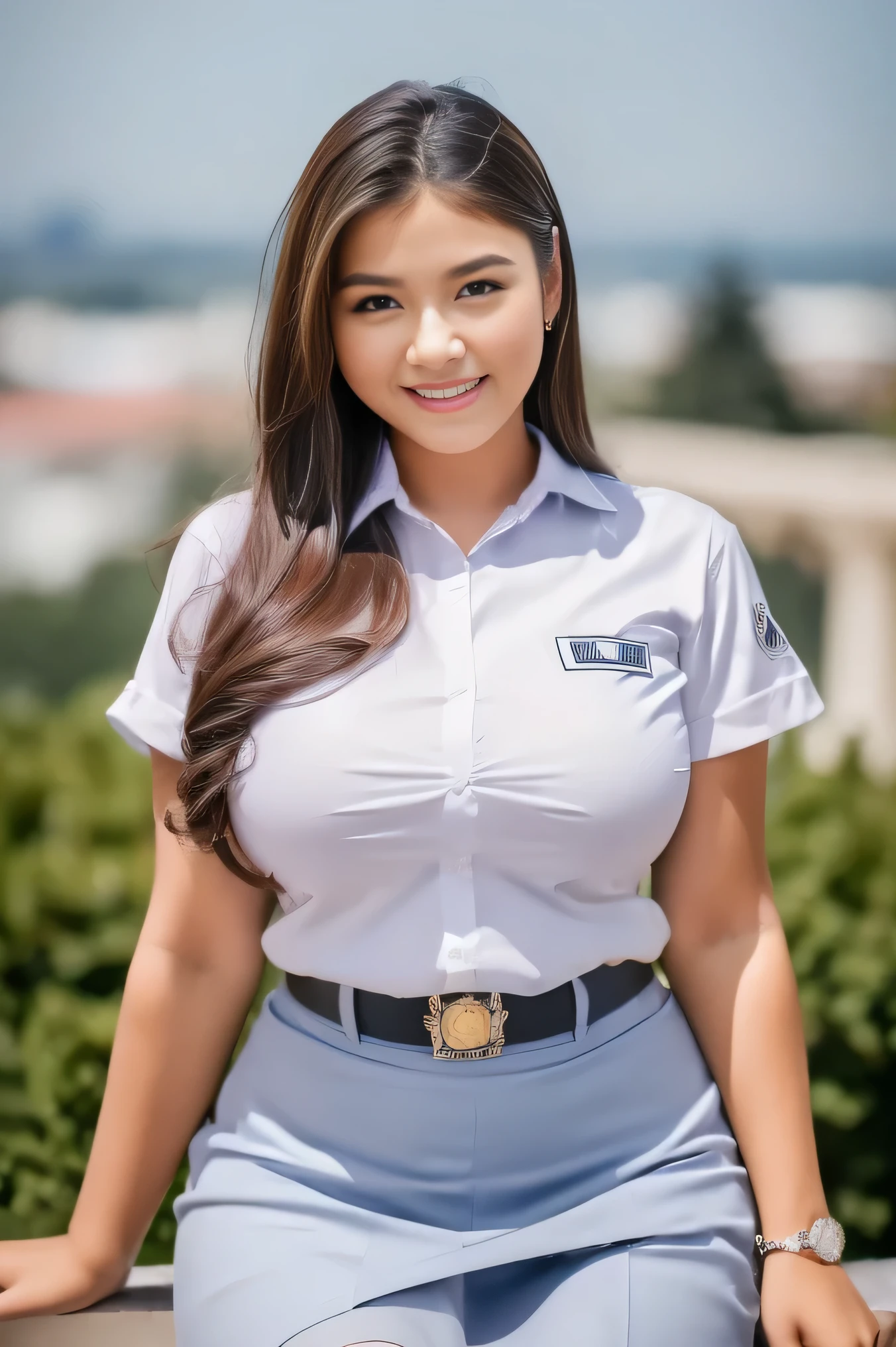1girl, solo, 19 years old, (uniform), detailed Metropolitan city at the background, portrait, (thick :1.4), tall body, smooth realistic skin, cute smile, white shirt, grey blue short skirt, looking at viewer, cowboy shot,(8k, RAW photo, best quality, masterpiece: 1.3), (realistic, realistic: 1.37), ultra-high resolution, cowboy shot