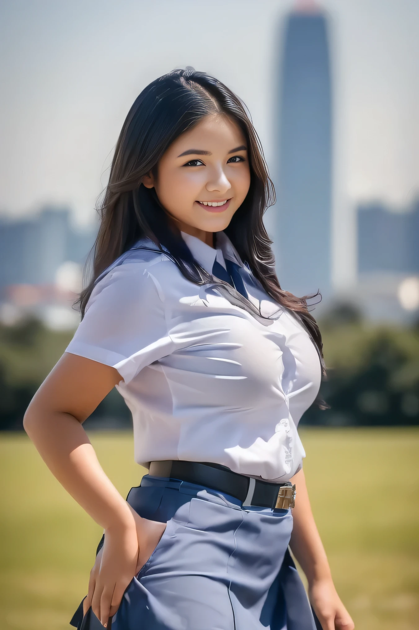 1girl, solo, 19 years old, (uniform), detailed Metropolitan city at the background, portrait, (thick :1.3), tall body, smooth realistic skin, cute smile, white shirt, grey blue short skirt, looking at viewer, cowboy shot,(8k, RAW photo, best quality, masterpiece: 1.3), (realistic, realistic: 1.37), ultra-high resolution, cowboy shot