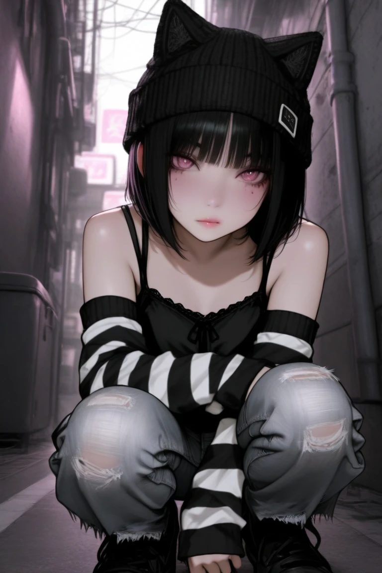 best quality, super fine, detailed black eyes, 16k, incredibly absurdres, extremely detailed, emo highschool girl opening the door inviting you, looking at camera, tilt head, emotionless expression, punk fashion, long black hair, black collar, weird long-sleeves oversized hoodie, full body, dim lights, (magnificent view:1.1)