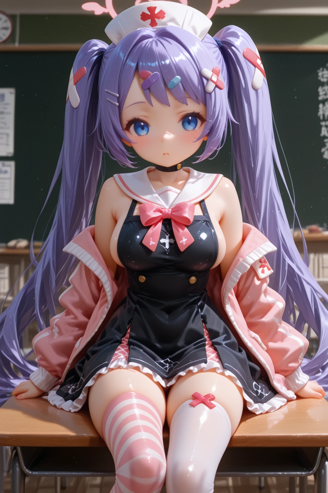 The upper part of the body、one girls、I have pink and black hair、Two-tone、Bun hair、Tremendously large breasts、Semi-nudity、 nipple visible、Garter belt with lace、Pants with lace、gravure model,Gravure Pose、Dark blue school blazer、off shoulders、White shirt、Dark blue pleated skirt、Japan anime-style odd-eye,school open leg