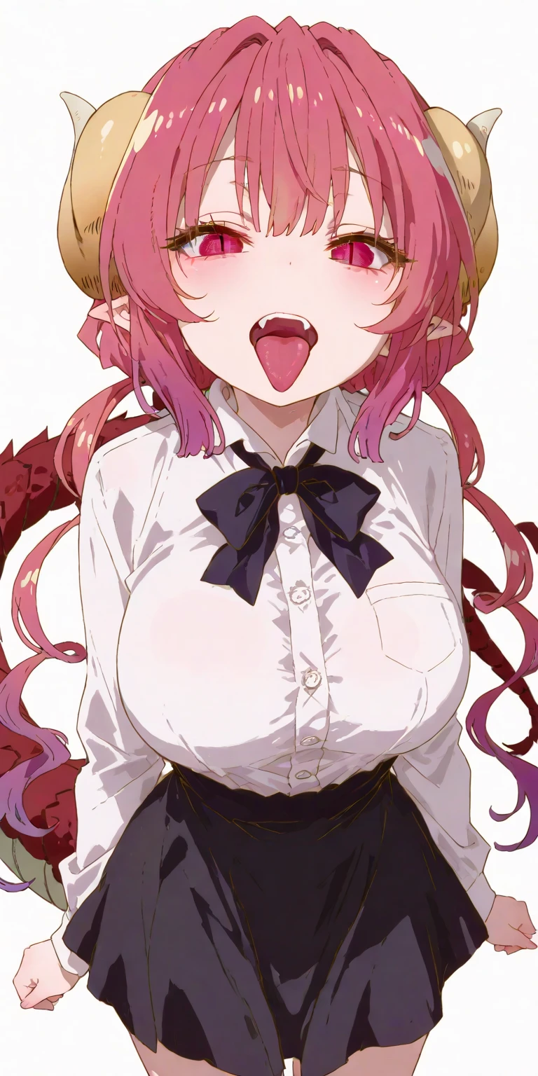 Anime screenshot, Ilulu from miss Koboyashi's Dragon Maid, standing up, black T shirt, POV dangling the viewer over her mouth, huge tongue, huge breasts, smug, wide mouth, salivating tongue, blushing, chubby, leaning forward, hands on knees