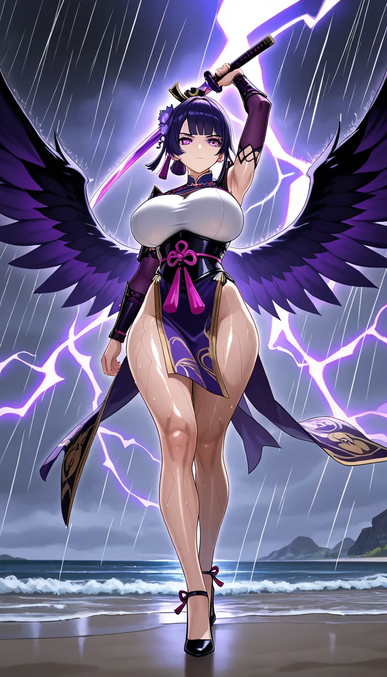 (ultra realistic photo, 8k uhd, full of details in clothes and face, masterpiece, girl goddess of beauty). Shogun Raider from Genshin Impact is a sexy woman with long, flowing purple hair, who wears a highly detailed sexy lingerie, she wears a jewel on the side of her head adorned with gold details and a gem in the center. - She wears a purple and pink outfit with gold details, with ornate designs in gold. The upper part of the armor is tight to the body, highlighting its curves. (she has long breasts, huge and perfect breasts emerging from her sexy, erotic cleavage, sharp pointed BREASTS), ((transparent micro panties showing pussy, perfect pussy)), defined body, body with curves, big perky ass, pussy showing, His arms are covered in armored gloves that have similar designs in gold and are attached to his upper arm by straps. - A piece of cloth flows from his waist, complementing the armor look. - Her face is very beautiful, she has light pink eyes and a serious expression. - In the background, there is a dramatic sky full of dark clouds and lightning lighting the scene. A full moon is also visible between the clouds.