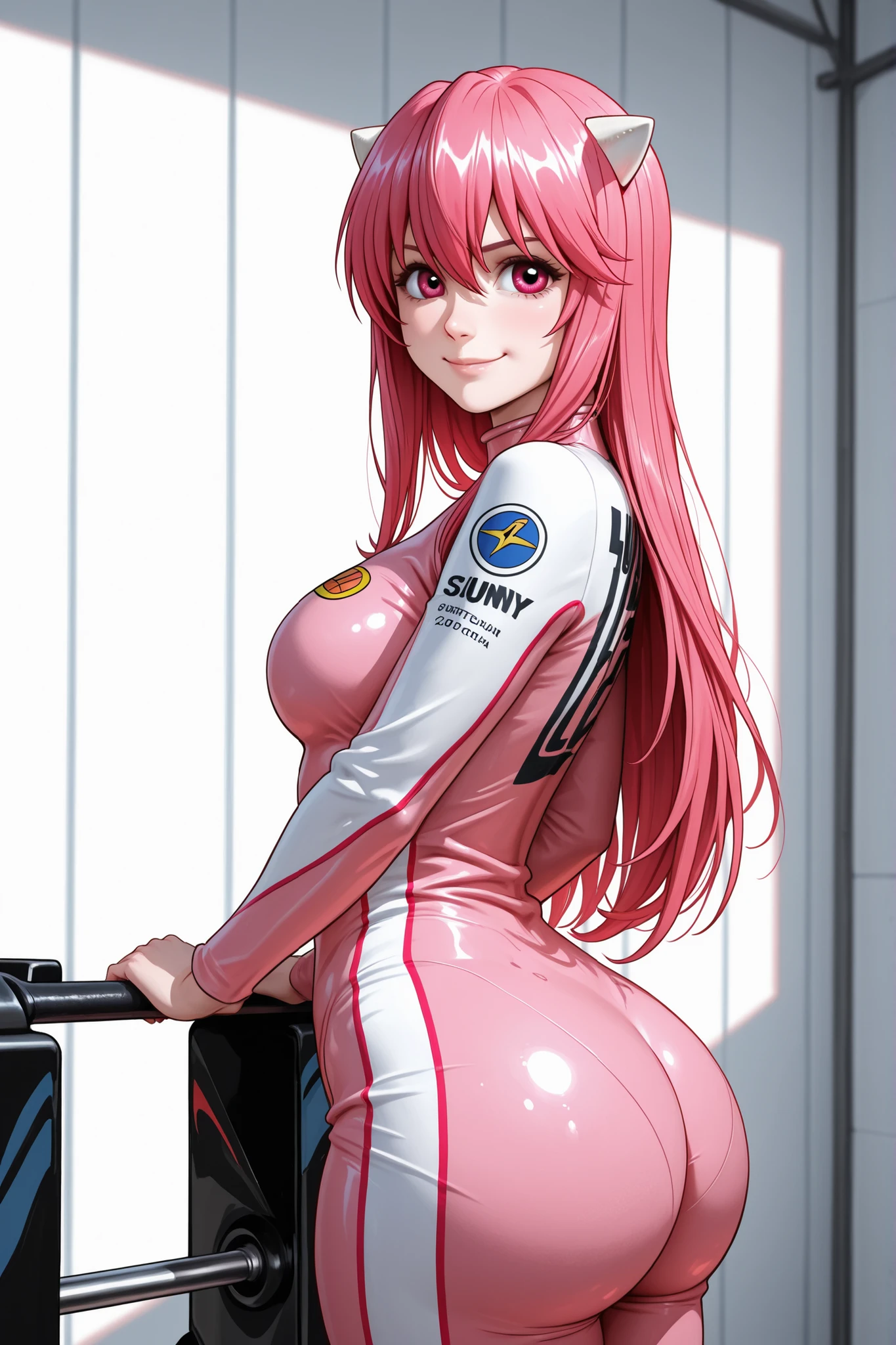(masterpiece:1.2, highest quality), (Realistic, photoRealistic:1.4), Beautiful illustrations, (Natural Side Lighting, Cinema Lighting), avert your eyes, (Cowboy Shot), 2 girls, Grid Girls, 30 years old, (((Mature Woman))), (Beautiful anime faces), Japanese, Perfect Face, Perfect Anatomy, Symmetrical cute face, Shiny skin, Blunt bangs, (Intense glowing purple eyes:1.3), Beautiful Hair, Beautiful Face, Beautiful clavicle, Beautiful body, Beautiful breasts, Beautiful thighs, Beautiful feet, Beautiful fingers, (Perfect Face, Perfect Anatomy), (Two legs, Five Fingers), ((Grid Girls, Racing Suits, Race Queen Costume:1.3. White and pink high leg leotard with sponsor logo:1.3, Shiny arm covers:1.3, Shiny knee-high boots:1.3)), (Beautiful views), Written boundary depth,((Tall Woman), (Slim figure), (small breasts directed upwards)), (Randomly changing obscene poses:1.3), ((A tiny remote vibrator is attached to the pussy), (Holding the smart key in the right hand)), (Golden hair ornament), (Pale pink hair),