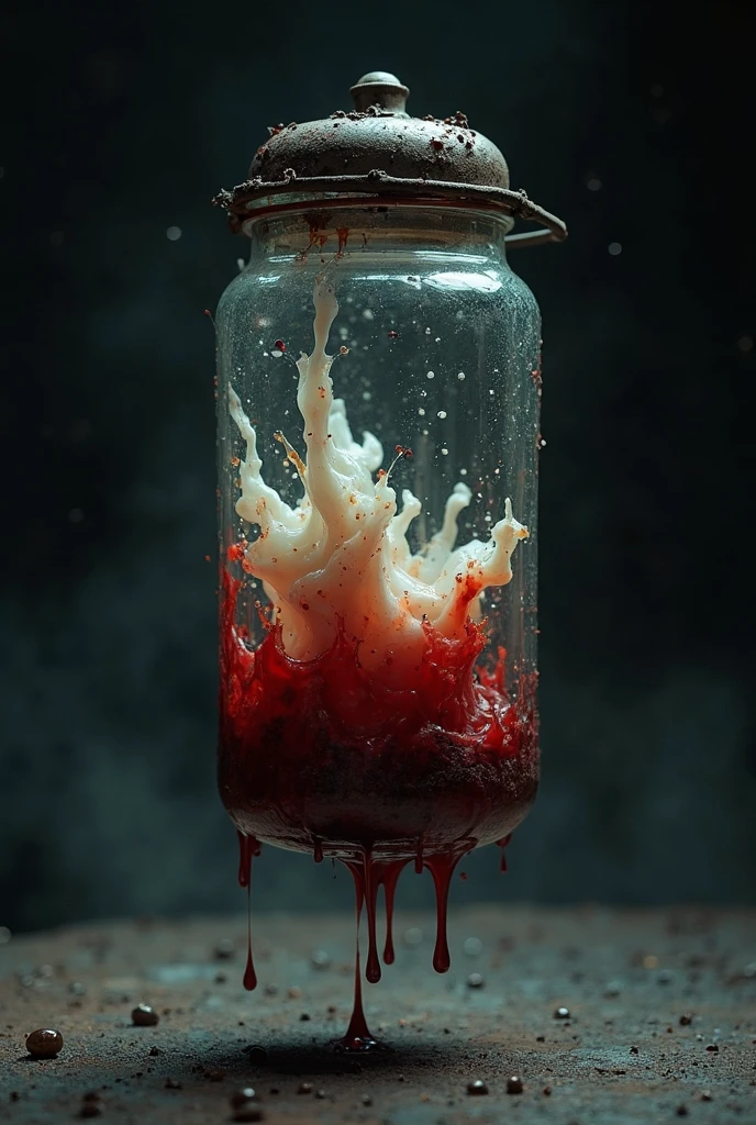 A head inside of a jar filled with blood the head has long hair and a beard, there’s a knife what is sticking outside of the human head with the handle sticking outside of its mouth.