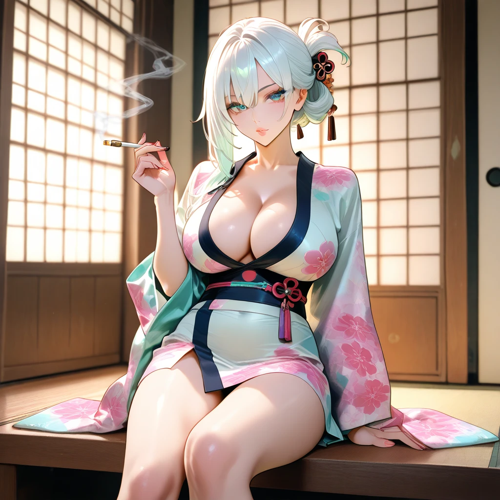 (masterpiece, best quality:1.3), (ceiling:1.3), Yagokoro Eirin, Touhou Series, perfect face, expressive eyes, 1woman, looking at viewer, 38 years old, gorgeous body, big breast, beautiful, anime, lora,1woman, silver hair, braid hair, nurse cap, red and blue clothes, long skirt, (evil look, looks down on viewer, crossed legs:1.5), (cinematic lighting, realistic, dream-like, enchanting atmosphere:1.3), (photo of a woman in her dark and mysterious environment:1.3), (the woman surrounded by an aura of mystery and intrigue:1.3), (a dark and mysterious laboratory decorated with many flasks, each filled with colorful liquids:2.0), (she is full of joy in making new discoveries:1.5), (a crystal ball nearby, adding to the mystical setting:1.3), (a hint of incense in the air, adding to the sensory experience:1.3),
