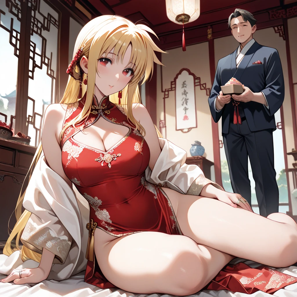 The woman is pushed down on a large bed and naked men put their dicks into her pussy and ejaculate a lot, rape her, groping her all over, gang-raping her, and a lot of semen overflows from her pussy.、((Highest quality)), ((masterpiece)), (detailed), (Perfect Face)、The woman is a Thai Tiay, wearing a gorgeous, glittering one-shoulder Thai dress with gold embroidery in the streets of Thailand, and is wearing gorgeous jeweled accessories and an engagement ring.、The woman is an elegant Thai lady with green eyes and medium-long blonde hair. She is wearing a gorgeous one-shoulder Thai dress.