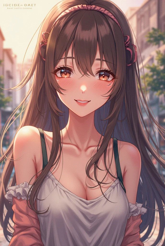 a beautiful woman in red dress taking selfie, anime style, green eyes, brown hair, outdoors, dress, long hair, red dress, day, collarbone, blush, sky, selfie, bangs(eye arts:0.7)(eyes arts:0.7)(uhd 4k eye:0.7)