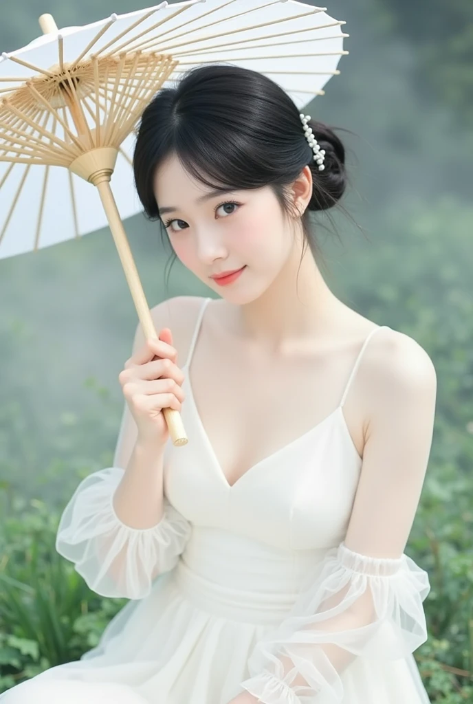 masterpiece, highest quality, highest quality, official art, beautiful and aesthetic:1.2),1 nude girl,  alone,  hair ornaments, unsheathing, black hair, sheath, blue eyes, off shoulder, flower, looking at the viewer, holding, Makeup, In a quiet pond in the forest where the water surface is reflected like a mirror.、
