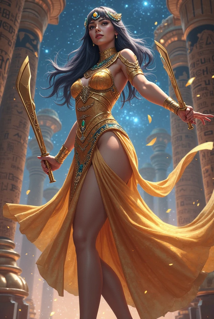1920's red Egyptian Queen art, gaussian, with powerful magic which spins like tops within the hands and throughout with bioluminescent lightning swirls, ultra detailed cel shading drawing of a woman with gaussian dress flying, gossamer dress, blushed, magical detailed Egyptian architecture , flowing, tiny fireflies, stunningly beautiful face, symmetric eyes, evenly spaced eyes, focus on face, dynamic pose, holographic, light particles, ultra detailed, hit definition, 32k resolution, best quality, flat lighting, flat colors, manga, anime, cartoon, vector, (colorful and vibrant) ((high saturation)), 1920's Art Deco art style