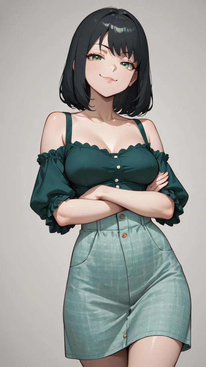 デフォルト設定: [nsfw, (masterpiece, best quality:1.2)], 登場人物設定: | 女性1: ([short hair, 1woman, (wavy hair: 1.2), blunt bangs, ash green hair, blue eyes, (heightened: 1.2), (slender: 1.2), (mole under right eye: 1.2), (mole on right chest slender: 1.2), (big chest: 1), 表情設定: [(smug smile: 1.2)], エフェクト設定: [], 服装設定: [(bare shoulders: 2.0), (short sleeves: 1.4), (bare neck), (skin-tight beige knit: 2.0), (jeans: 2.0), sneaker], ポーズ設定: [(mouth, one hand, stifling laughter: 1.4), standing, throw out one's chest])|, 場所設定: [outdoor], 視点設定: [full body, looking front], 照明設定: [(flat lighting: 2.0), (Hard light: 2.0), (natural light: 2.5), (shadow: 0.6)]