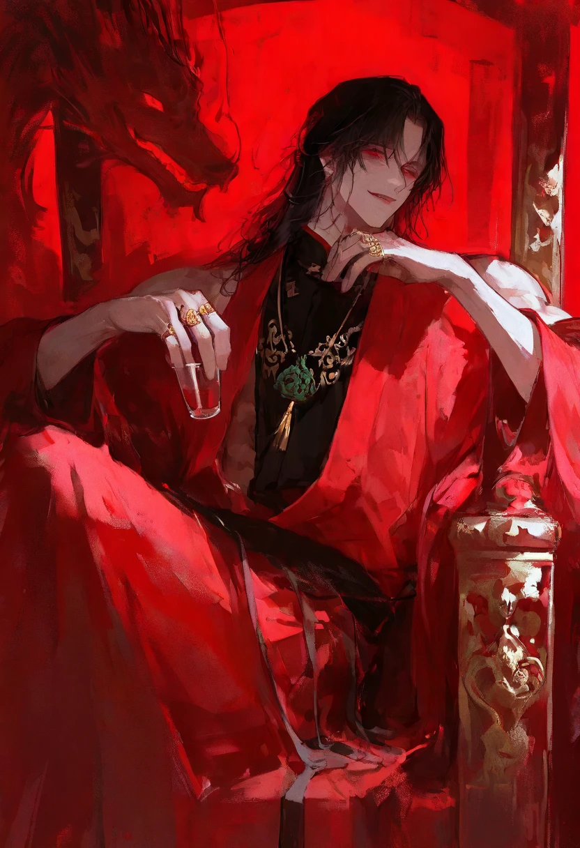 masterpiece, ultra-detailed, highres, absurdres, film grain, solo focus, year 2024,
Jang Ilsu (return of the mount hua sect), reclining arrogantly on an ornate golden throne, legs crossed, back relaxed with dominance,
smirking subtly, sharp half-lidded eyes, masculine and handsome face, mature and confident aura, sculpted jawline, high cheekbones,
long black hair completely untied, no bangs, forehead fully exposed, clean center-parted style, heavy and silky strands cascading down shoulders and chest, resting on the throne and robes,
dressed in a luxurious traditional black changpao with golden dragon embroidery, vivid red inner lining flowing from sleeves, wide layered sleeves, loose robe revealing upper chest,
broad shoulders, defined muscles, jade necklace, gold rings, holding a wine glass lazily with one hand, crimson cushions and golden armrest beneath him,
deep warm lighting, subtle reflections on silk and gold, imperial palace setting, solid deep red background, quiet and overwhelming charisma, cinematic fantasy atmosphere