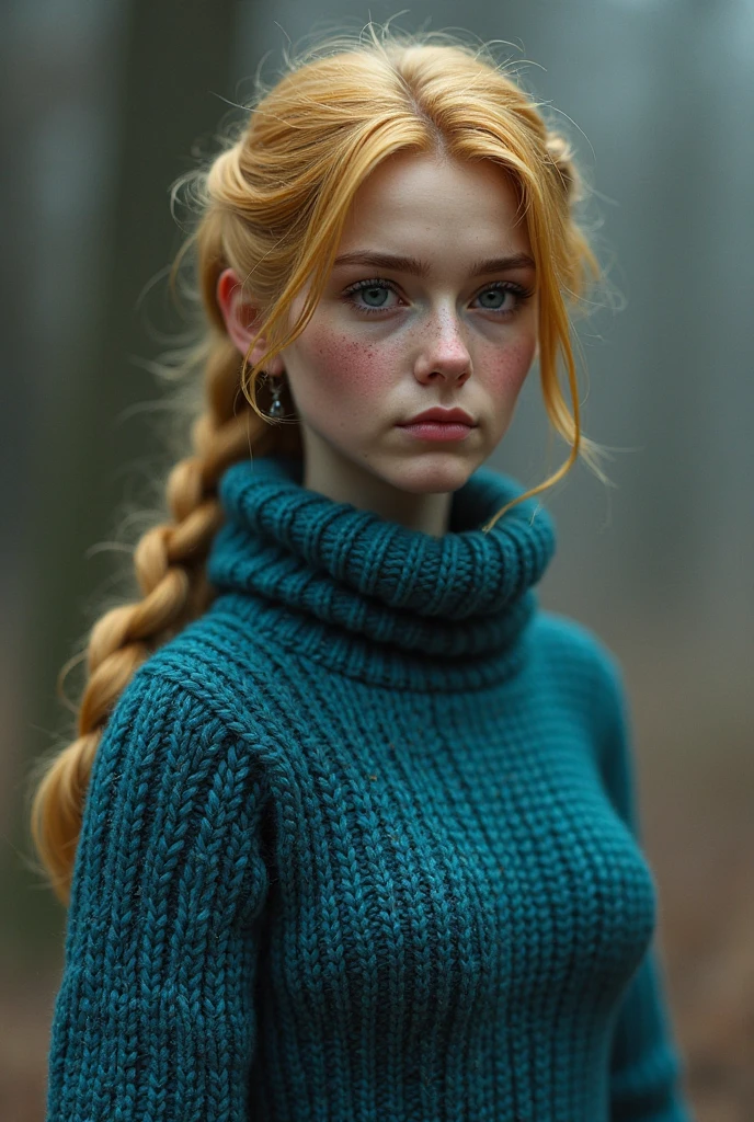 A girl, pale skin with freakles, long two French braids on both side, ginger hair, green eyes, black long sleeves turtle neck, half body photo, normal fit body, hands on both ears, covering them, serious stern face.