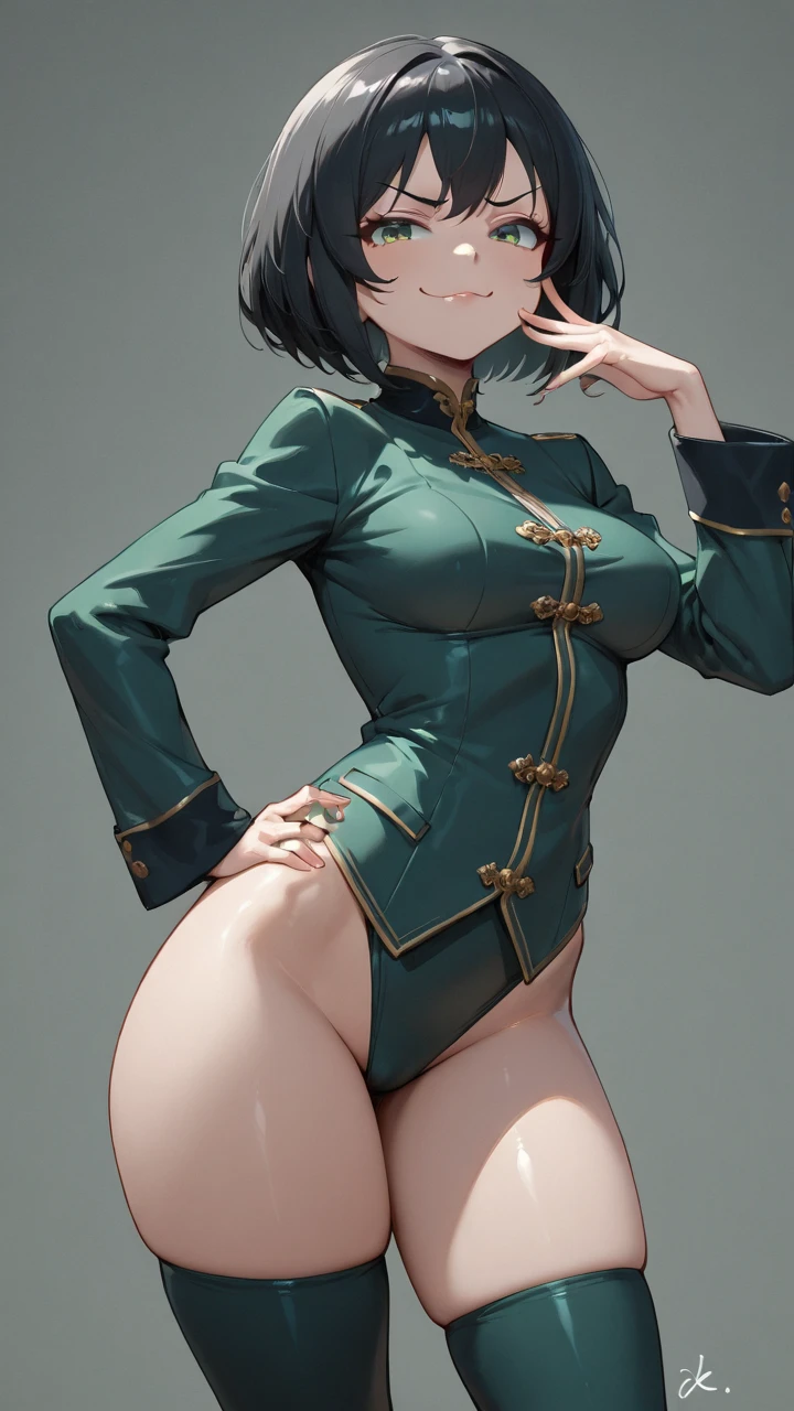 masterpiece, nsfw1:3, nude,Uncensored, ?????1:3, large breast, large hip,full body,dark green medium hair,otoko no ko,male focus,1boy,solo,looking at viewer,smile,hair between eyes,simple background,blue eyes