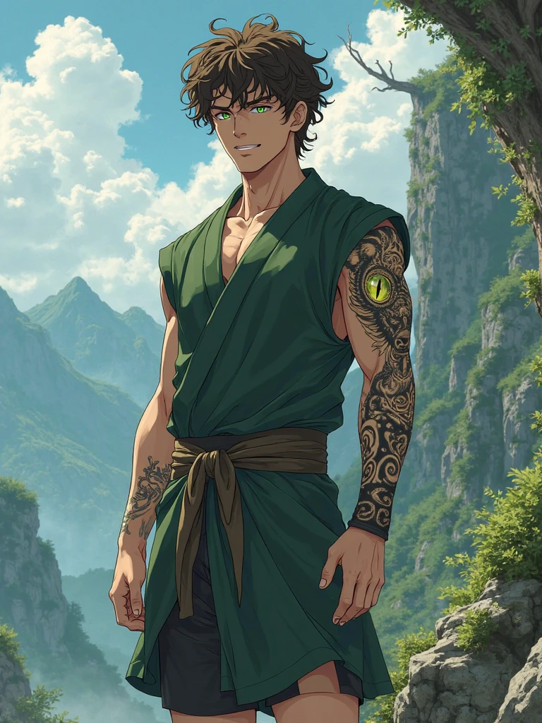 man with dark skin, long dark blue hair, square glasses, green eyes, wearing black pants, (dragon ball style:1.2), fighting in a mountain background, (best quality,4k,8k,highres,masterpiece:1.2),ultra-detailed,(realistic,photorealistic,photo-realistic:1.37),vibrant colors,dramatic lighting