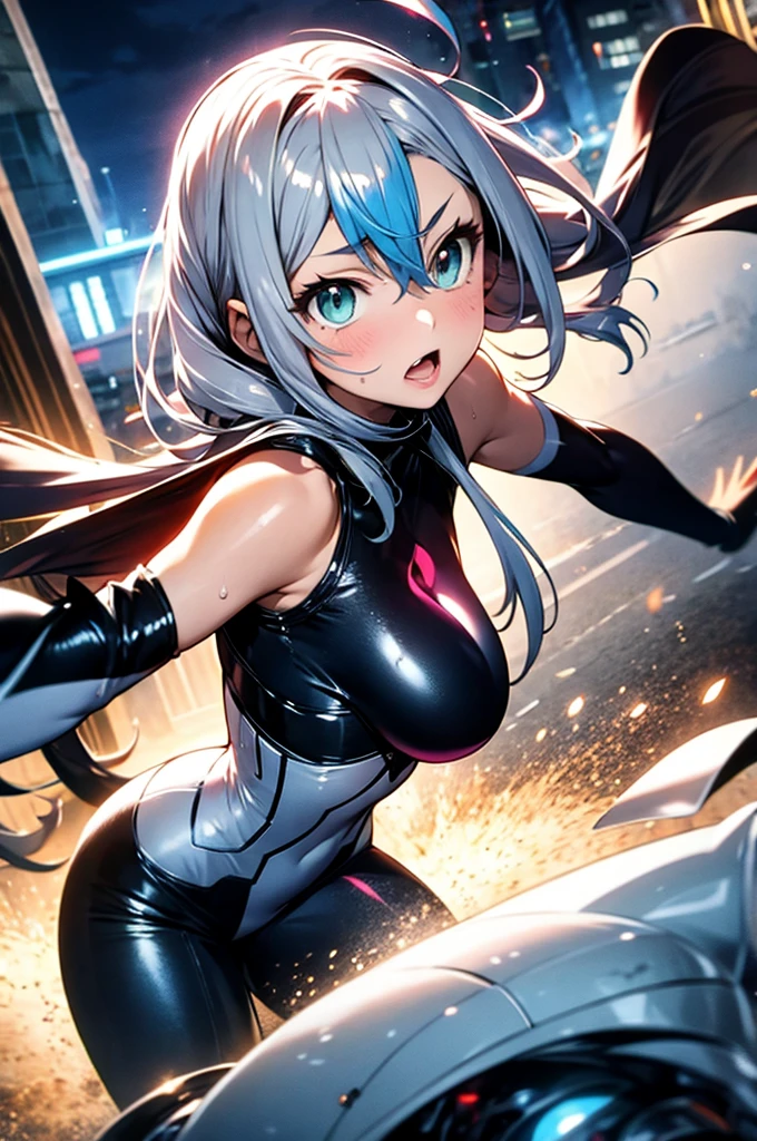 Anime girl blue messy short hair teeth fangs wearing futuristic clothes