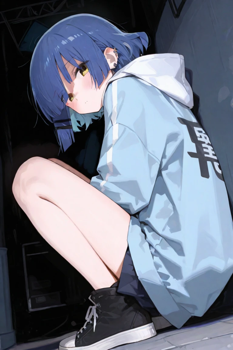 Blue hair teen boy, half body, black hoodie, o
n rain, depressed