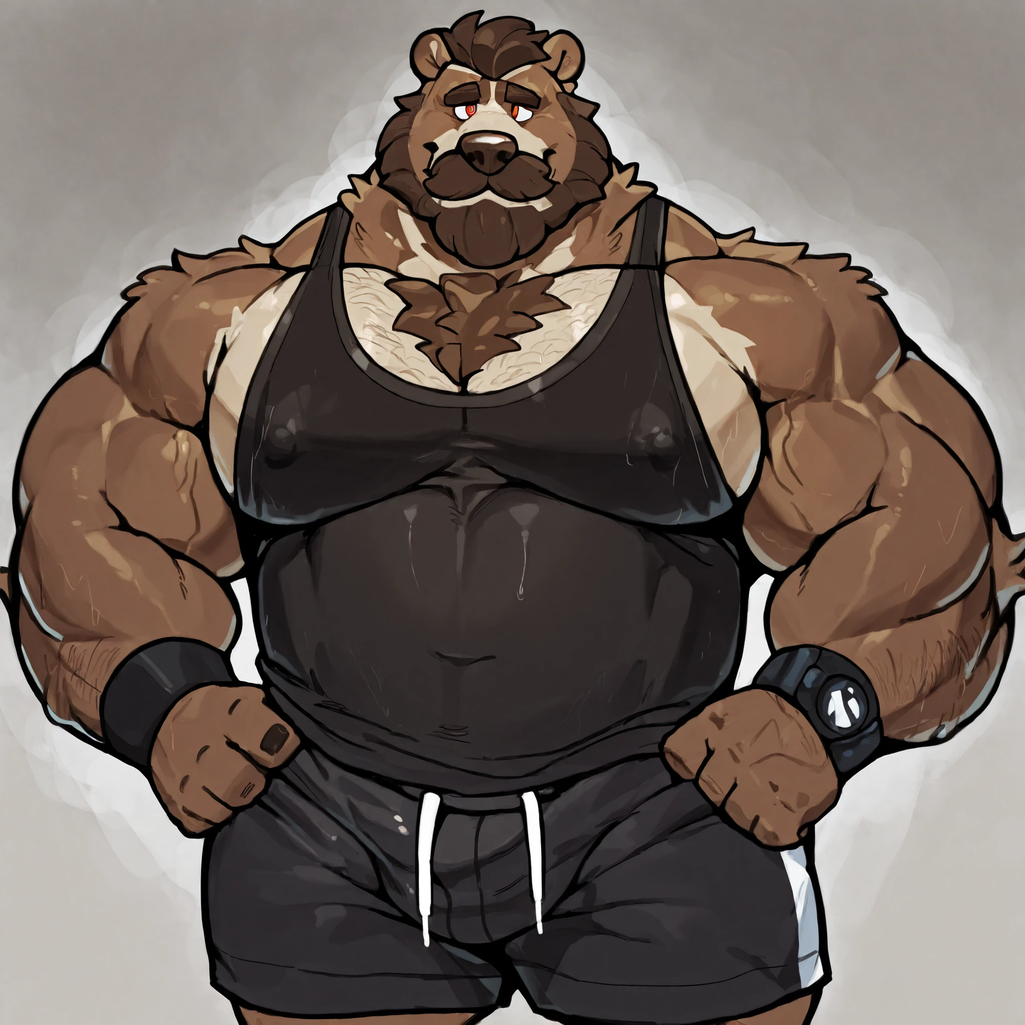 1boy, solo, Huge Muscular old kodiak brown bear working out in gymasium track, (wearing black gym shorts, wristbands and black tank top), huge brown fur, wrinkles, short hair, brown mustache and Beard, pectoral, height: 220cm, weight: 440lbs, added eyes with red pupils