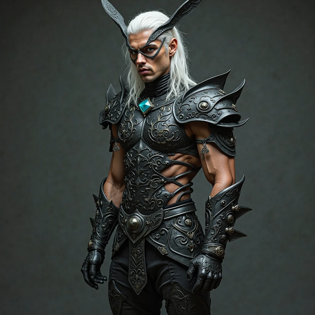 A dark elf rogue (male, pitch black skin, violet eyes, platinum hair, lean and muscular, wielding daggers, sexy leather armor, spider motif) is striking combat poses, deep magical dungeon