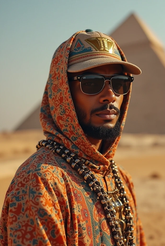Describe a Angolan man with a deeply very dark coffee-like skin tone, sporting a very long large beard reminiscent of rick ross, and wearing dark sunglasses. He is dressed in traditional Arab attire, complete with an Arab turban atop his head. The camera is focused on his face, beginning from the chest and ascending to the crown of his head. Pay close attention to detailing the man's facial expression, the features of his LeBron James-esque beard, the intricacies of the turban, and the sunglasses he wears. This image should exude a sense of mystery and sophistication, capturing the allure and richness of Arab culture while highlighting the individuality of this man.