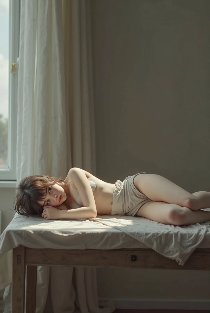 Best quality,Masterpiece,8K wallpaper,absurderes, A high resolution, Ultra detailed, (1 young and beautiful girl, Solo:1.1),Yula_sitting down on the floor，M-shaped leg pose，Spread your legs,  Ultra shorts，1girll, (short detailed hair:1.5, In the room,Beds,HighestQuali , A masterpiece, unmatched details, naked full body