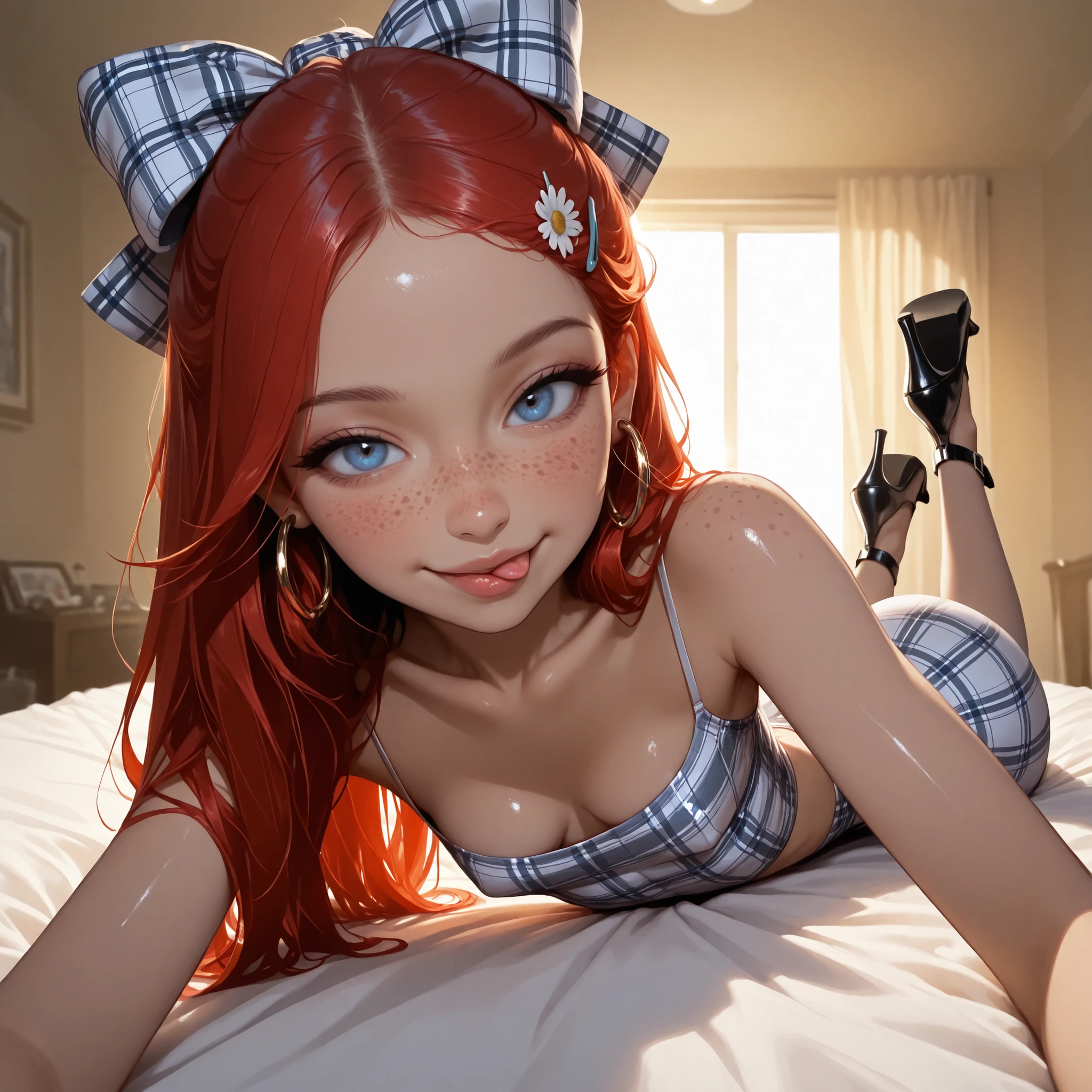 A young very little skinny Amybeth Mcnulty is in the bedroom completely naked, she is naked and on her hands and knees on the bed like a dog, she is looking up at viewer and sticking out her tongue, kinky smile, naughty smile, open mouth, ahegao, tongue out, blue eyes, 8k, best quality, detailed face, pale skin, freckles, light ginger hair, small butt, white skin, small breasts, small, skinny arms, skinny legs, white skin, very small breasts, very long hair, very white skin, white skin, a lot of freckles on her face and body, very beautiful, orange freckles on her face, she is very shy, blushing, straight hair, she is smiling, open mouth, she is sticking her tongue out, view from above, she is looking up at viewer with her head tilted back, viewer is looking down at her, long tongue sticking out, she is crossing her eyes, ahegao, drooling from her tongue, very beautiful and seductive, on all fours, yoga pose with her knees spread