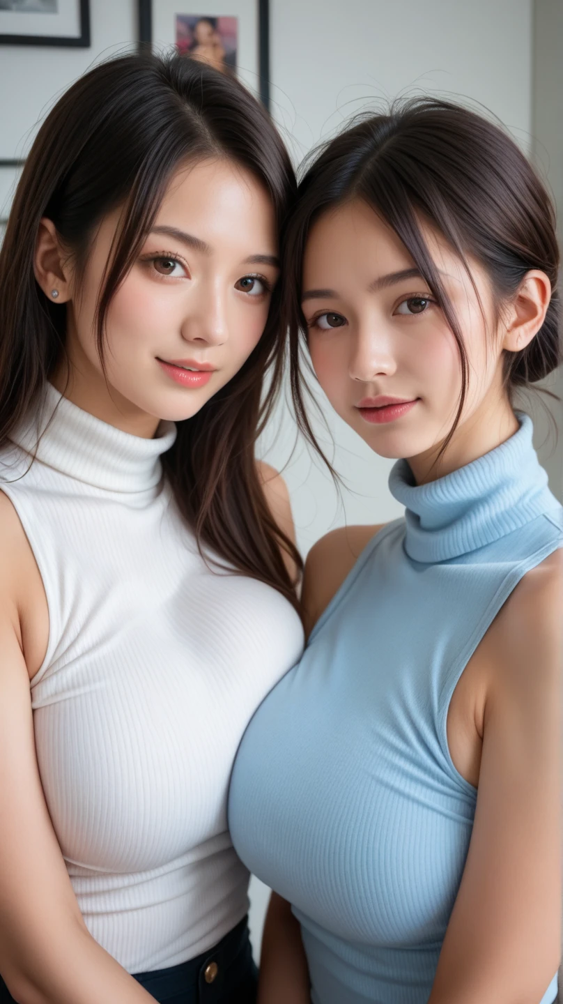 (best quality, high quality:1.4), very pretty face, And very pretty eyes, cute images, nice image, Beautiful, Adorable, crazy about love, pale skin, (real、photorealistic:2.0)、(masterpiece)、(highest quality:1.8)、(ultra high resolution:2.0)、(Live shooting:1.5)、BREAK is、((highest quality、ultra high resolution、masterpiece:1.8))、(写真real:1.8)、(hyper realistic:2.0)、(Beautiful woman with perfect style 1.8)、(short hair braids:1.7)、(slender:1.5)、(beautiful breasts:1.5)、Natural light、detailed face、(Highly detailed face and skin texture:1.5)、(Highly detailed body and skin texture:1.5)、detailed eyes、(short hair braids:1.5)、(exposing nipples:1.8)、(exposing breasts:1.8) BREAK (very pale skin:1.9)、(18-year-old:1.8)、(Bodysuit that looks like it will come off:1.8)、(cinematic light:1.5)、(cute face:1.5)、(baby face:1.6)、(black tight rubber suit:1.8)、(first round:1.3)、(a shy look:1.8)、(shyness:1.8)、(model body shape:1.3)、(cute face like an idol:1.8)、(small face:1.8)、(beautiful girl:1.5)、(lower the bodysuit below the chest:1.6)、(breasts exposed:1.7)、(nipples are exposed:1.7)、(show off your chest:1.5)、(emphasize the chest:1.5)、(Doesn't cover the nipples:1.5)、(tits:1.5) BREAK is (sexual acts between women:1.8)、(two women flirting:1.8)、(Bian:1.7)、(the most beautiful girl on earth:1.8) BREAK is (Bodysuit that cuts into your skin:1.5)、(natural big :1.3)、(beautiful proportions:1.5)、BREAK is (Luxury Lounge:1.5)、(いやらしい2人のbeautiful girl:1.7)