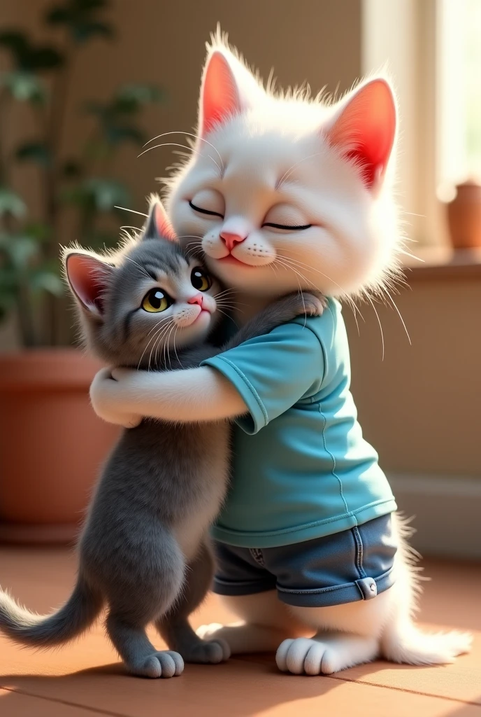 A weeping  white cat dressed in pink top and blue jeans  is beaten   on face  by a yellow cat dressed in black hoodie and blue jeans 
