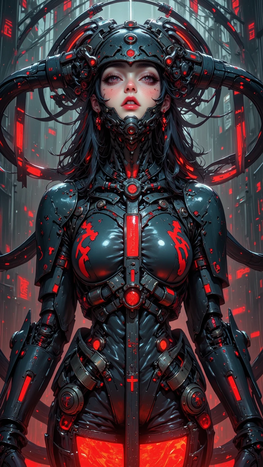 Megan fox as female carnage/witchblade, (red carnage witchblade muscular physique:1.25), (carnage/witchblade anatomy:1.25), (cybernetic tentacles extending from head:1.25), (mouth wide open, carnage style), (perfect hands with witchblade claws:1.26), Realistic, Very detailed face and eyes, (masterpiece:1.1), (best quality:1.1), (beautiful girl face:1.45)