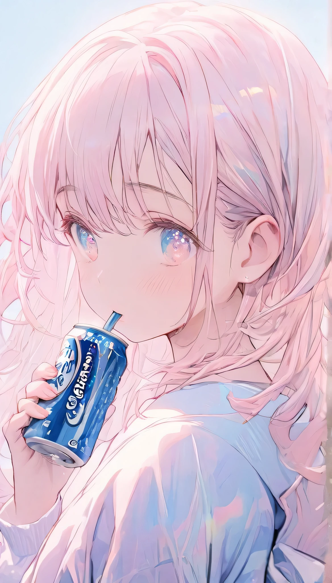 High-resolution images,masterpiece,Best Quality,
1girl,Cute face,Beautiful Skin,Shiny Hair,Highly detailed eyes,
after running,tired,she is drinking a soda,cider,
Pastel color background,