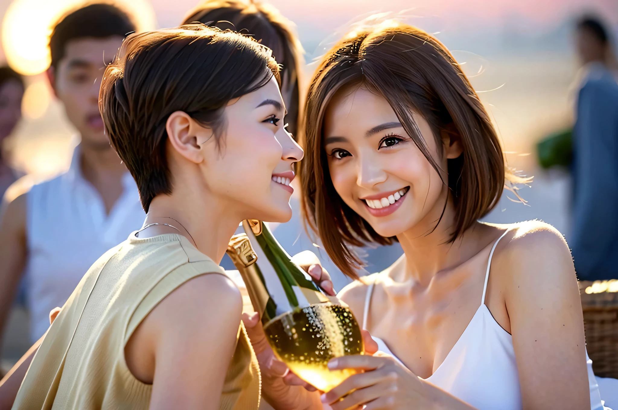 (Realistic:1.1),(masterpiece,Highest quality),8k,(36 years old), 42 years old, slimカップル、Model Couple、actress/actor、Tight waist,Upper Body,full-course dinner、wine 、Amazing view of the sunset sky and clouds、Perfect Anatomy, Brown Hair, short hair,Random Hairstyles,((Highly detailed face and eyes:1.2))(cute顔:1.4),美しいactressの顔,Perfect golden ratio face,Long sleeve shirt、dress,(smile:1.2)、Shortcuts、cute、(Realistic, Intricate details:1.2), A bright smile、short hair,Bright Face、赤wine 、Appetizers、Italian food、wine bottle、Champagne、スパークリングwine、(slimな顔), (The body is slim), (Brown Hair), (Shortcuts), Upper Body, 白wine, slim, wineグラス,