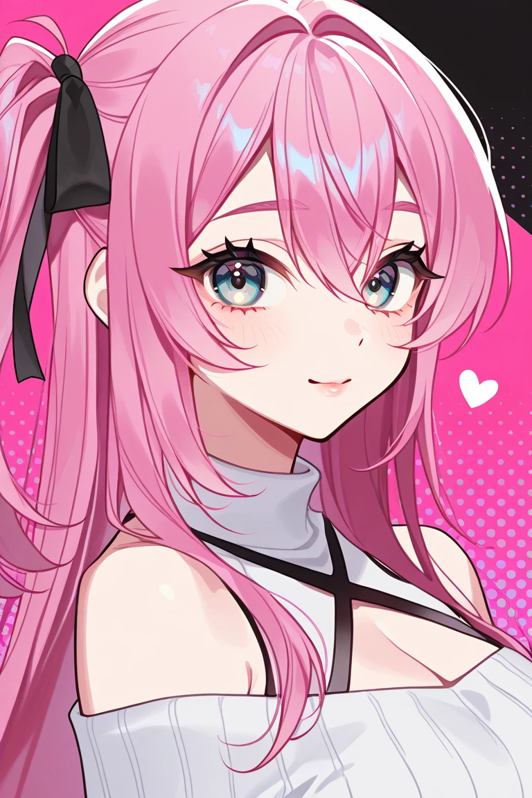 absurdres, (Personification of a wolf:1.2),a girl with ice blue hair and red eyes with pink hearts and hearts around her eyes, official art,pink background, red hearts in background , upper body, seductive smile, wearing a pink gown
