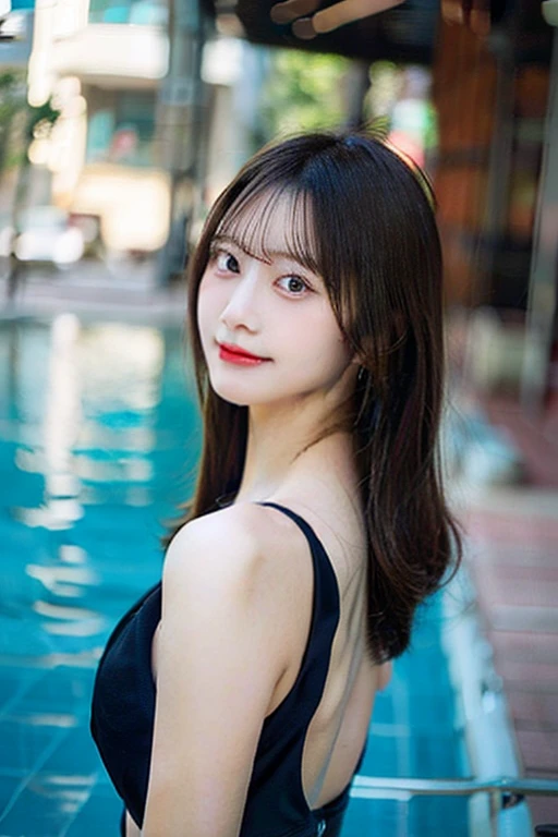 Pieces fly, highest quality, figure, Very detailed, The finer details, High resolution, 8K Dende Wallpaper, Perfect dynamic composition, Beautiful fine details, She is wearing a black and white dress,Medium Hair,Natural color lip, A shy smile,Harajuku Style、20-year-old girl、The only person, Bust up photo、Don'Don't tilt your head、Correct posture、Stretch your back、Never show your hands、Stand up straight、Cute type、looking at the camera、C cup breasts、Blonde、won'Don't touch you、Blurred night swimming pool background