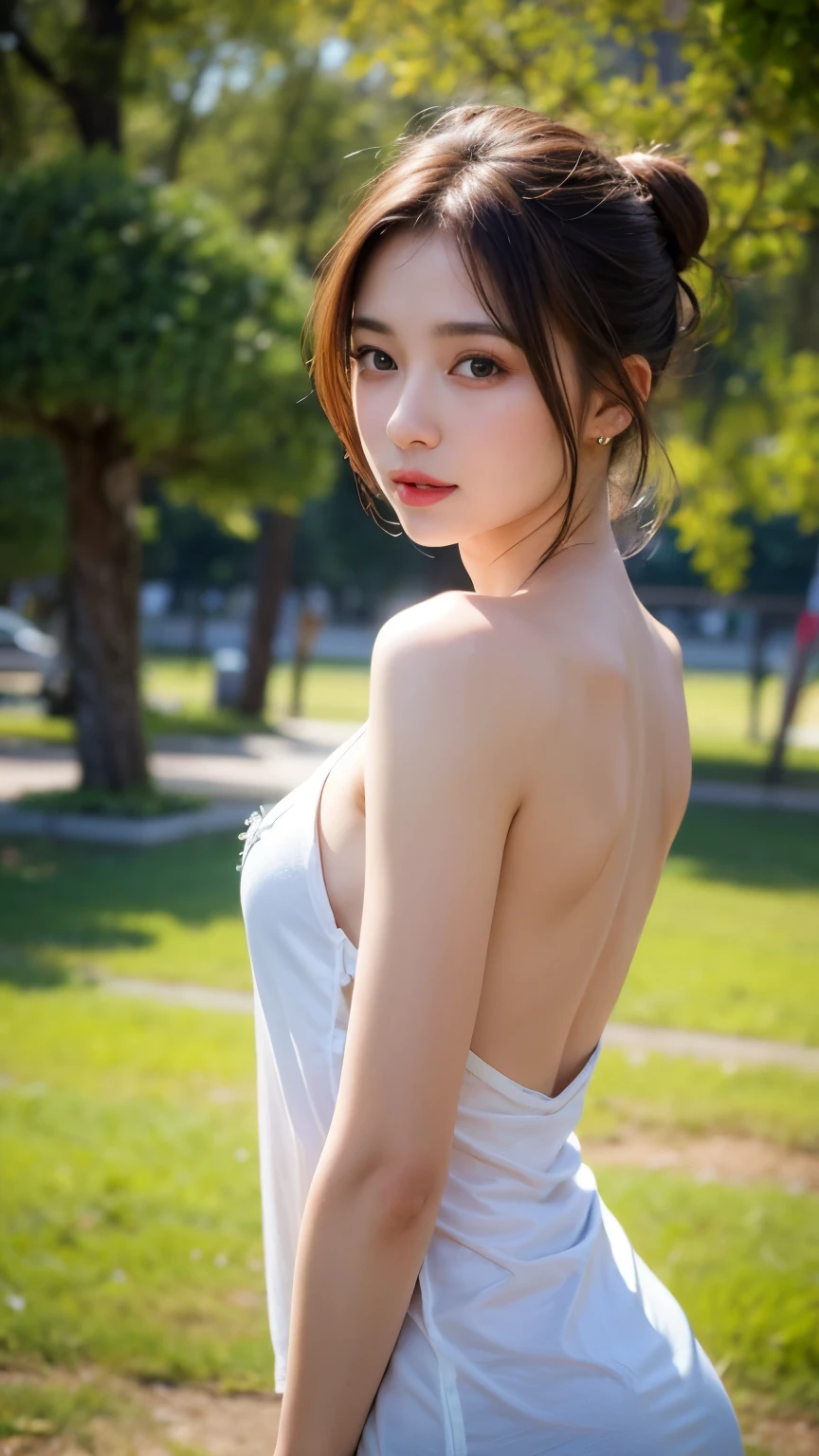 1 girl, hair bun, beautiful girl, naked, nodress, outdoor, perfect light, masterpiece, best quality, ultra detailed, cinematic feels, looking at the viewer, 8k, RAW photo, realistic, photo realistic, intricately detailed, UHD, full HD, ultra resolution