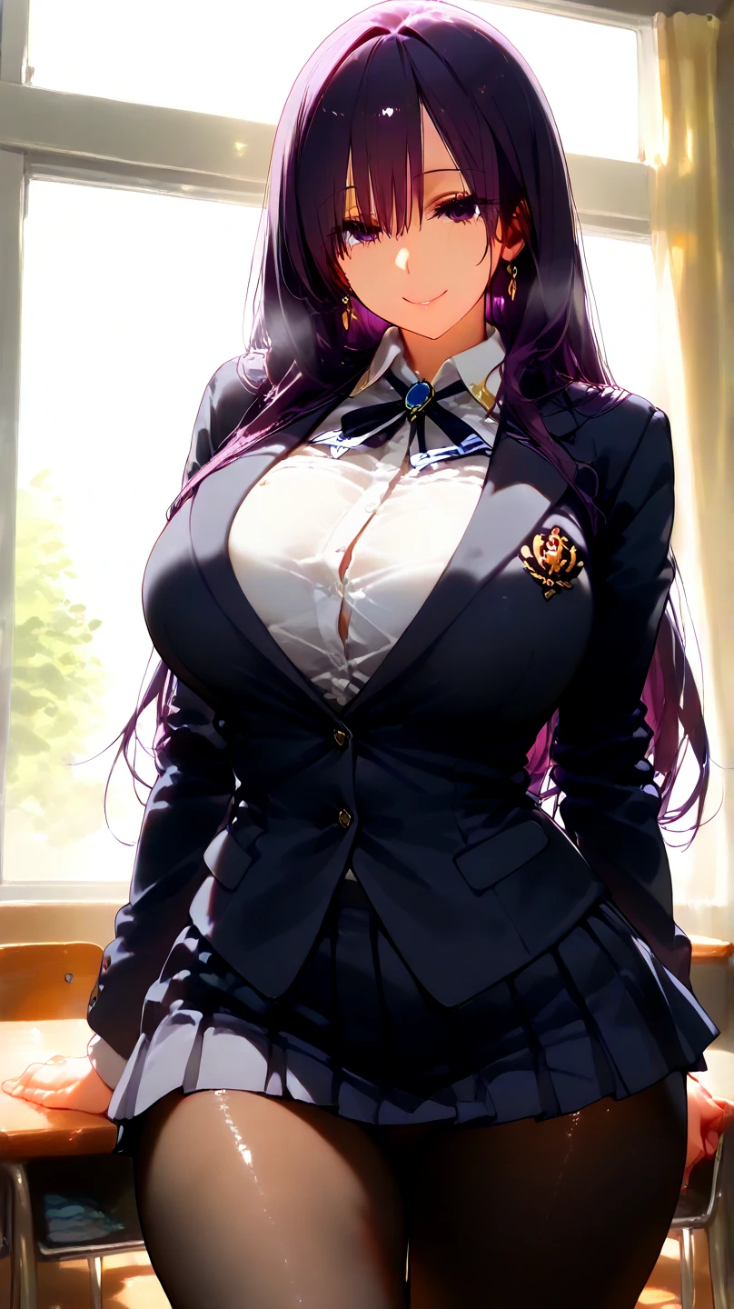 very tempting pose, seductive pose, (at classroom), (classroom background), blue shirt, black skirt, semi-rimless eyewear, black hair, very long hair, ponytail,Bangs,purple eyes, 1 girl, 20yo,Young female,Beautiful Finger,Beautiful long legs,Beautiful body, Beautiful Nose,Beautiful character design, perfect eyes, perfect face,expressive eyes, perfect balance, looking at viewer,(Focus on her face), official art,extremely detailed CG unity 8k wallpaper, perfect lighting,Colorful, Bright_Front_face_Lighting,White skin, (masterpiece:1.0),(best_quality:1.0), ultra high res,4K,ultra-detailed, photography, 8K, HDR, highres, absurdres:1.2, Kodak portra 400, film grain, blurry background, bokeh:1.2, lens flare, (vibrant_color:1.2),professional photograph, (Beautiful,huge_Breasts:1.4), (beautiful_face:1.5),(narrow_waist)