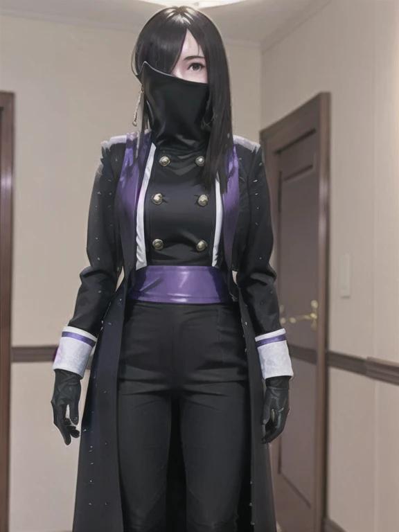 (Highly detailed CG), (Highest quality), One girl, Perfect Face, absurdly Long Hair, Bright Eyes, (Beautiful, detailed eyes), Shiny skin, Shiny skin, Wide Hips, Tight waist,  Retaking Black Coat, One eye is covered,boots,High collar,,mask,black gloves,Hair on one eye,gloves,Long Hair, indoor, focus, Recall,Purple eyes,No pants、Small, tight panties、White panties、On all fours、Backwards、Stick your ass out、Turn your back