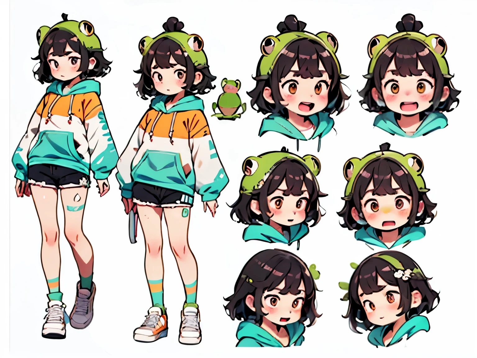 Orange-based hoodie, orange hoodie, ((front, side, back, full body, expressions of joy, anger, sadness, happiness)), white background, girl, Japanese, around 20 years old, shorts, orange headphones, headphones with frog eyes, frog is orange, frog is orange, orange frog, frog = orange, calm brown hair, short bob, straight hair, black eyes, smiling, bob hair, orange sneakers, neat drawing, no extra limbs, formal drawing, detailed facial expression