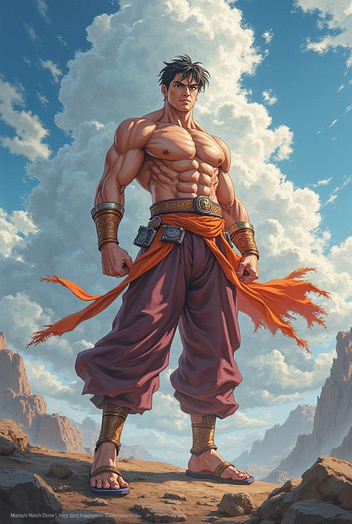 son Goku,Goku face,black orange kimono,hand cross,fuzzy background,angry expression,cartoon,rope tied on his waist, masterpiece,8k resolution , muscular