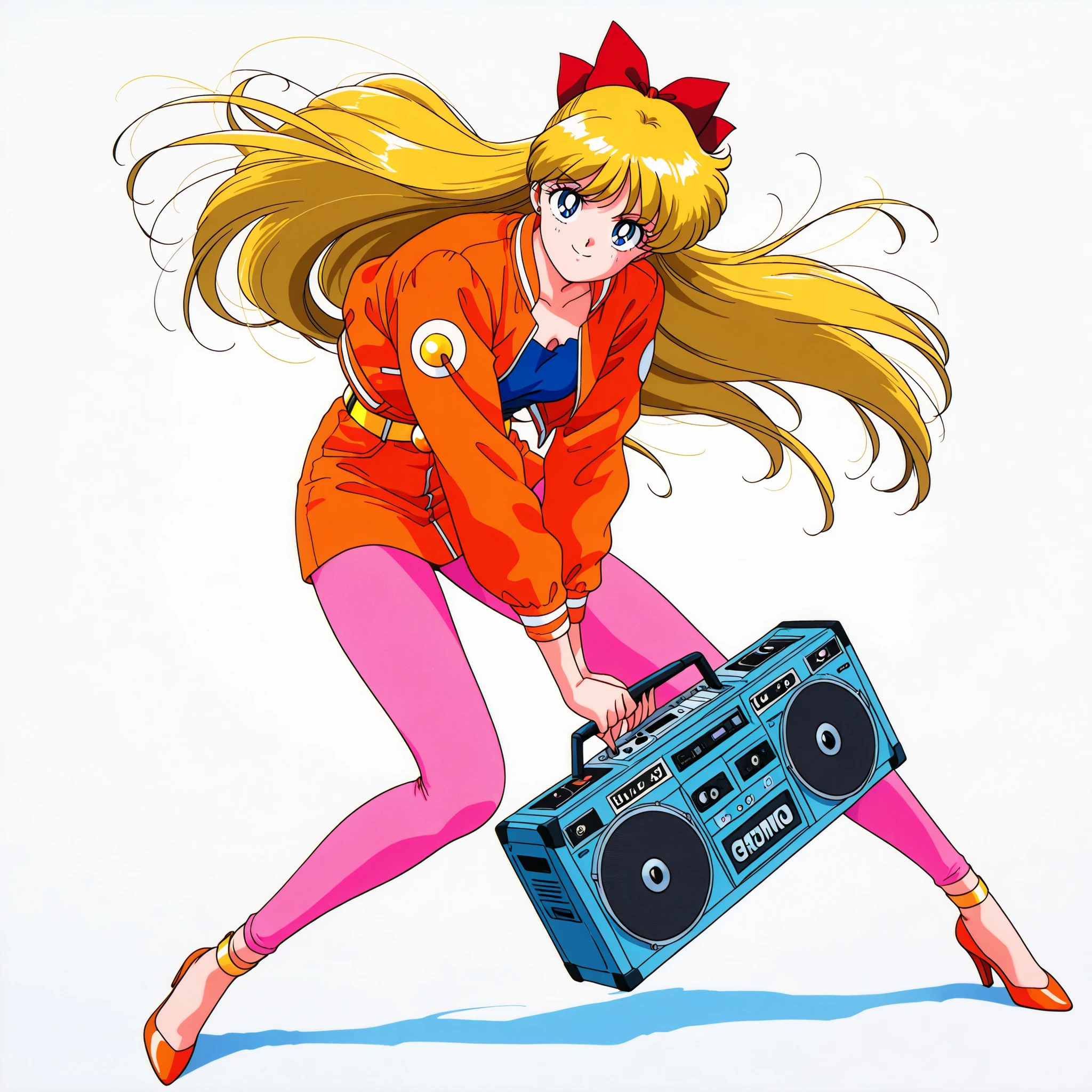 masterpiece, best quality, very aesthetic, absurdres, 80s fashion, neon colors, airbrushed shading, dynamic pose, fashion model proportions, solo, minako aino, blonde hair, blue eyes, hair bow, long hair, bright smile, layered blue and orange short jacket, glittering gold belt, metallic pink leggings, orange high heels, carrying an orange boombox, fun and energetic pose, white background, oygilmb