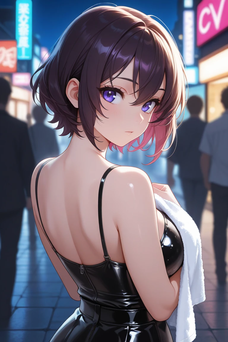 ultra-quality, ultla highres, Hyper Detailed, High contrast, Ultrafine Strike, creative refinement,A dark-haired, ssmile,Purple corset,purple garter belt,Clubhouse at night
