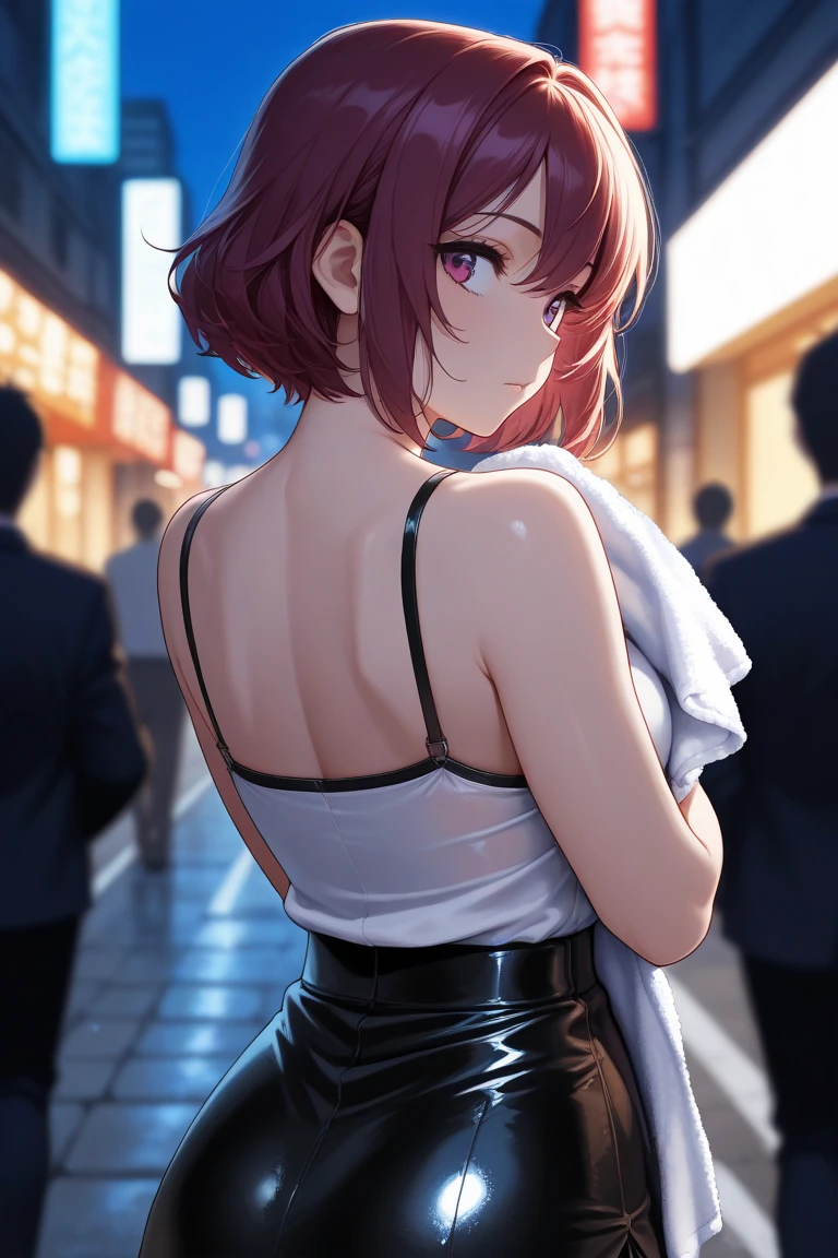 masterpiece, best quality, highres, hmza, short hair, antenna hair, brown eyes, sweater dress, virgin killer sweater, turtleneck, sleeveless, night, street,standing,from side
