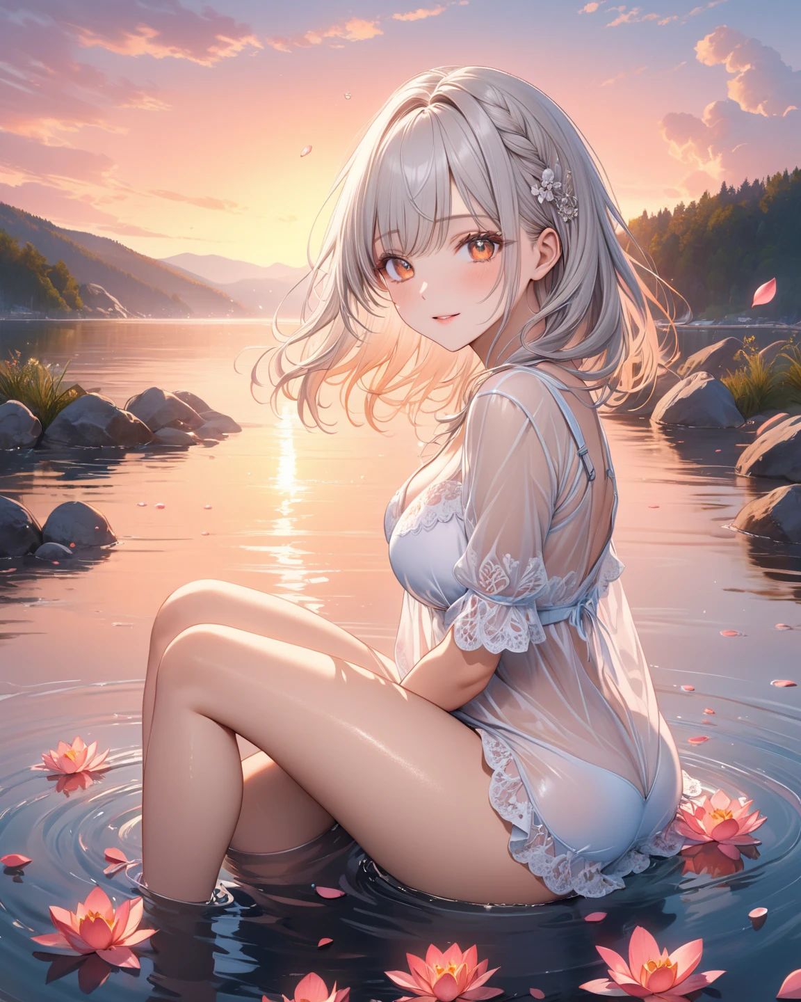 depth of fied, 1girl, grey hair, long hair, long dress, sunset, from a side, on the water surface, hugging own legs, looking at viewer, the mountains on both sides have a lake in the middle, detailed water surface, sun reflected on the water in the horizon, (movie poster), (English text:1.5), (white border:1.4), (night:1.4), nature,