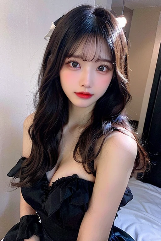 8k,(NSFW、Red Lingerie、Nipples:1.5)、(Glamorous Body、Big Tits、busty breasts:1.8)、Long black hair、Super beautiful woman、double eyelids、Tear bags、Big, round eyes、Long eyelashes)、highest quality